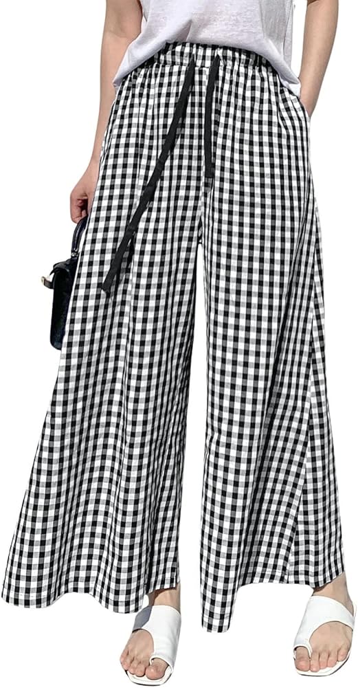 chouyatou Women's Plaid Wide Leg Culotte Pants Gingham High